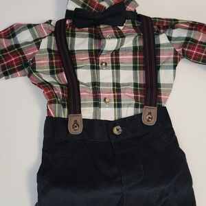 Carter's Plaid Shirt with Black Bowtie, Suspenders And Corduroy Pants